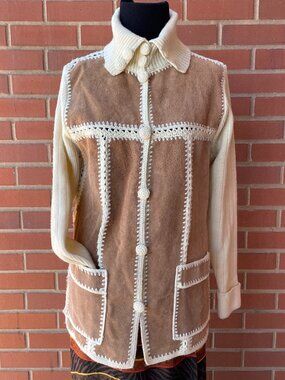 Vintage 70s Suede Leather Knit Cardigan Sweater Jacket Retro | Size S/M